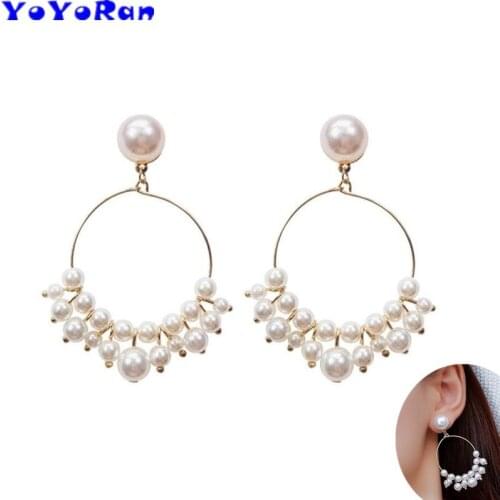 1 Pair New arrival 6.4cm tassel pearl bead hoop earrings for woman Bohemia gold big circle beaded hook earring jewelry gift