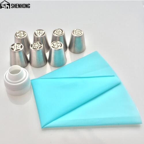 7PCS Russian Icing Piping Tips +Pastry Bag + 1 Adaptor Converter Stainless Steel Cake Decorating Nozzles