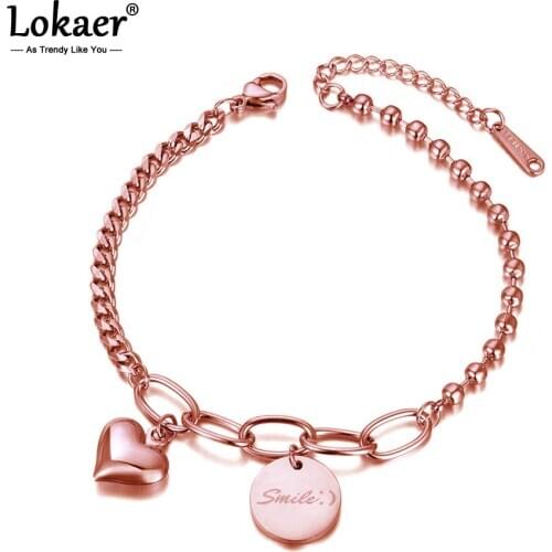 Lokaer Fashion Stainless Steel Smile Tag & Heart Charm Bracelets For Women Bohemia Rose Gold Chain Link Bracelet Jewelry B20086