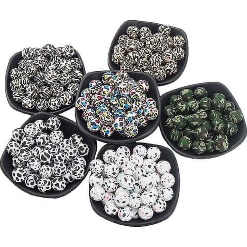 Chenkai 100PCS 15MM Silicone Leopard print Beads Baby Round Shaped Beads Teething BPA Free DIY Sensory Chewing Toy Accessories