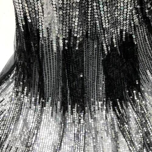 Black silver white stripe gradient sequin embroidered mesh lace fabric for sewing wedding dress diy decorative bead fabric