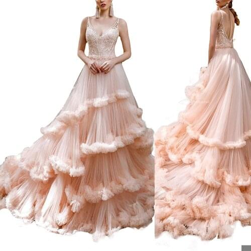 Elegant Evening Dresses V Neck Tulle Ruffle A Line Prom Gowns Custom Made Sexy Backless Sweep Train Special Occasion Dress
