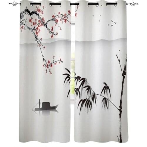 Chinese Painting Art Landscape Bamboo Leaves Windows Curtains For Living Room Bedroom Decor Kitchen Curtains Drapes Treatments