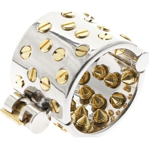 KALIS TEETH Cock Ring with 4 Rows Golden Spikes Scrotum Pendant Male Chastity Device Kalis teeth Spike Ring C049DIN