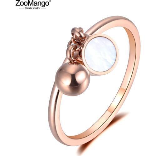 ZooMango OL Design White/Black Shell Ball Stainless Steel Ring Rose Gold Geometric Anniversary Ring For Women Jewelry ZR19014