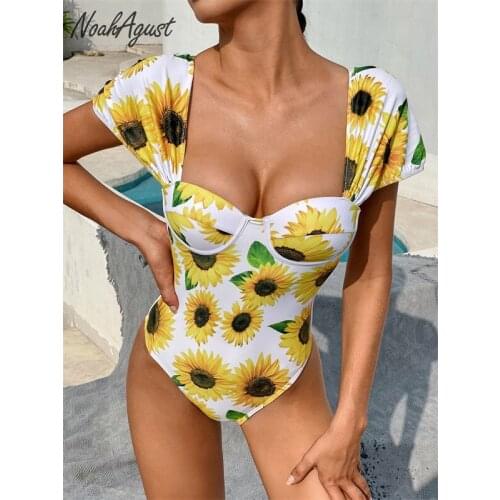 Sunflower Bandeau Swimsuit Women One Piece Sexy Bathing Suit Biquinis Feminino 2021 Thong Swimwear Bodysuit Short Sleeve Bikini