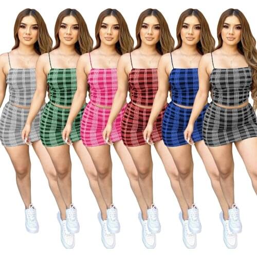 Custom Logo summer sexy plaid 2 piece skirt set women halter crop top bodycon women skirts set workout outfits