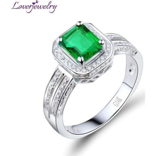 LOVERJEWELRY Women Engagement Emerald Cut 5x7mm Solid 14Kt White Gold 100% Genuine Diamonds Natural Emerald Ring Fine Jewelry
