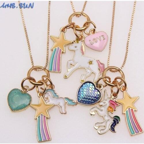 MHS.SUN 1PC DIY Girls Kids Jewelry Unicorn Cartoon Pendant Necklace Charming Heart Chain Necklace Gold Color Necklace 1PC Gift