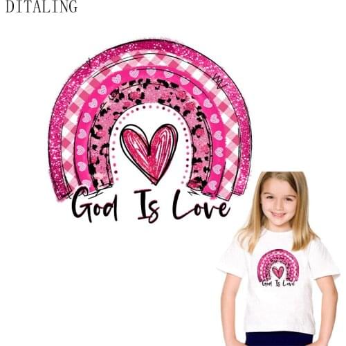 Sweet Pink Rainbow Patch On Clothes God Is Love Thermal Sticker DIY Washable Patch On Kid T-Shirt Heat Transfer Sticker Applique