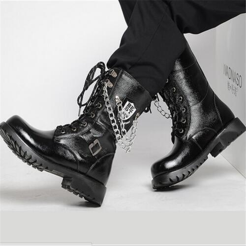 Autumn/Winter Knee-high mens leather shoes male fashion rivet chain high-leg Punk Outdoor motorcycle Boats Riding martin boots