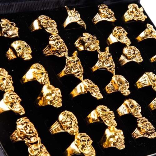 Wholesale 20pcs ring set mixed batch mens and womens gold retro skull punk style knight zinc alloy jewelry