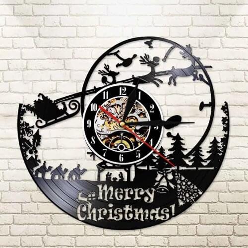 Merry Christmas Santa Claus Vinyl Record Wall Clock Handmade Vinyl Disk Crafts Clock Winter Holidays Home Decor Hanging Watch