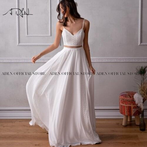 Charming Two Pieces Boho Wedding Dresses Spaghetti Straps White/Ivory Chiffon Beach Bridal Gown 2020 Robe de Mariee