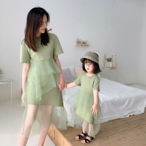 Mommy and Me Clothes Summer Fashion Short Sleeve Mesh Stitching Mother Daughter Matching Dress Kids Clothes Mom and Baby Dresses