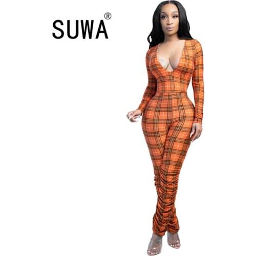 Wholesale Clothing Classic Fashion Plaid Printed Skinny One Piece Romper Jumpsuit Overalls For Women High Waist Pencil Pants