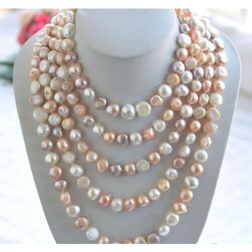 100% Natural 100" 7-8mm white pink Purple baroque freshwater pearl necklace