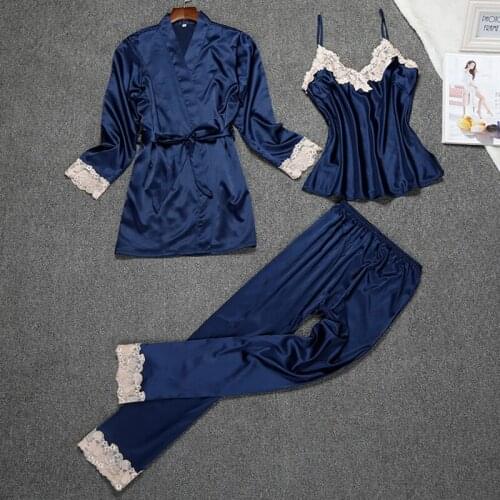 Navy Blue 3 Three Pcs Pajamas Sleep Set Womens Strap Top Pants Suit Night Robe Sleepwear Kimono Gown Casual Autumn Nightwear