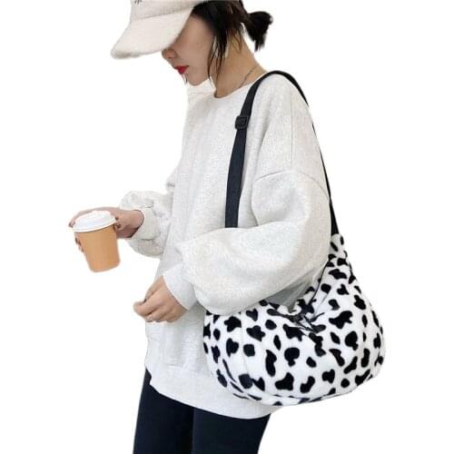 Women plush Bag lady milk cow print bags Fashion winter handbag Girls Casual Crossbody lady Shoulder Bag warm touch cotton