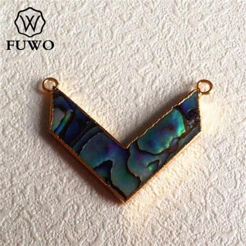 FUWO Natural Abalone Shell Chevron Pendant 24K Gold Electroplate Double Bails Fashion Sea-Ear Connectors Jewelry Wholesale PD030