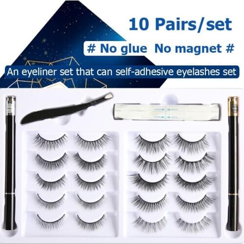 10 Pairs Mixed Eyelashes & New Self-adhesive Eyeliner Set Waterproof Non Magnet Quick-drying Eyeliner with Makeup Remover Swab
