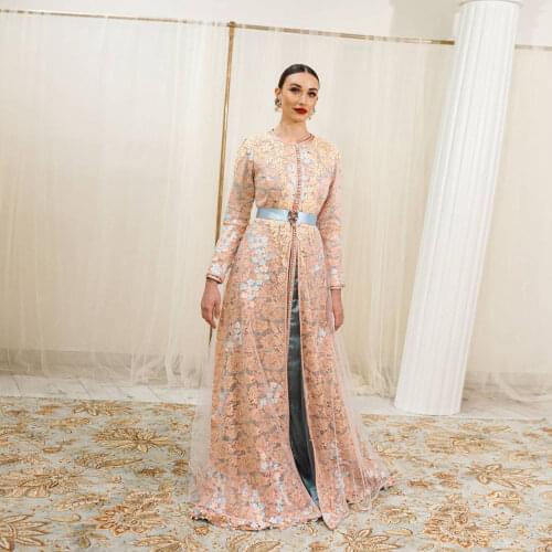 Pink Floor Length Moroccan Caftan Summer Dress With Applique Tulle Lace Evening Dresses Special Occasion Prom Dress Custom Made