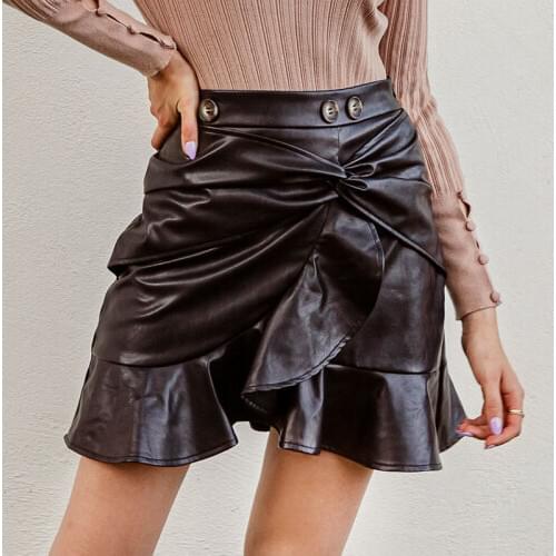 New chic black solid pleated a-line skirt female asymmetric overlay thin button short skirt high street autumn wrap skirt ladies