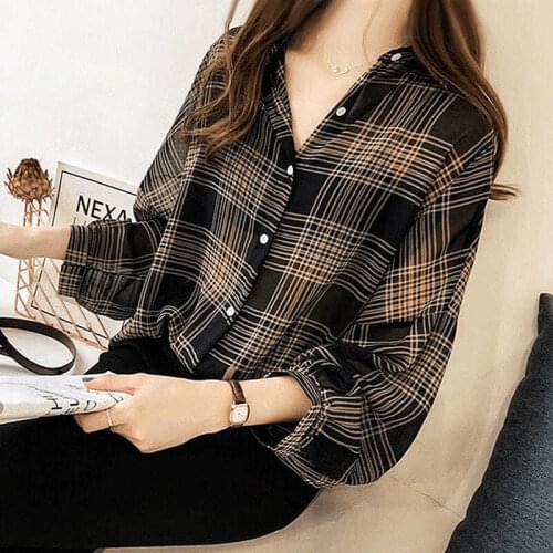 Women Blouse Large Size Loose Chiffon Shirt Top Slightly Transparent Plaid Shirt Blusas Ropa De Mujer