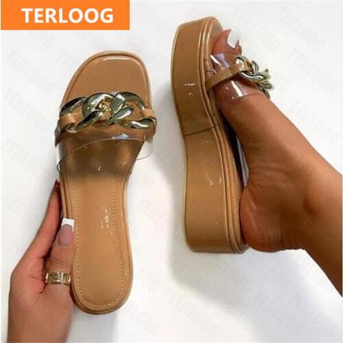 2021 New Summer Women Platform Shoes Outdoor Beach Metal Chain Wedges Sandals Fashion Designer Slippers Casual Flip Flops Slides