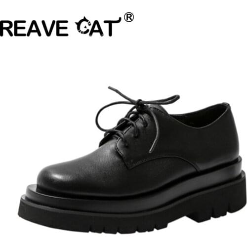 REAVE CAT 2021 New Fashion Genuine Leather Pump Oxfords Round Toe Solid Platform Lace Up 6cm Chunky Heel US7 8 White Black A4320