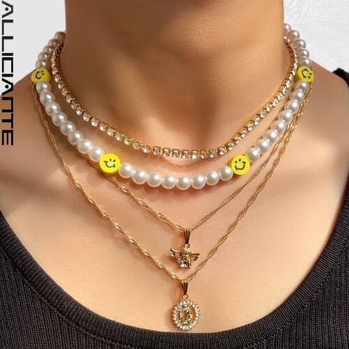 Vintage Smiley Pearl Choker Angel Pendant Beaded Necklace For Women Shiny Crystal Daisy Flower Chain Necklaces Set Boho Jewelry