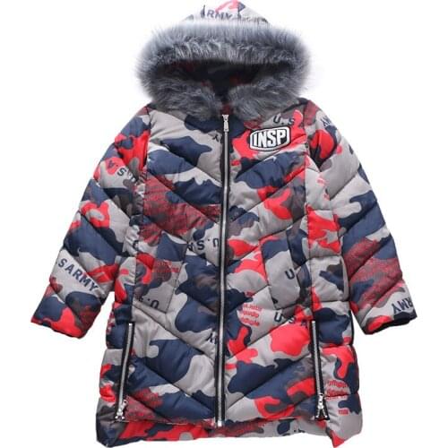Boys winter mid-length camouflage cotton jacket boys letter printing embroidery large fur collar hooded warm cotton jacket