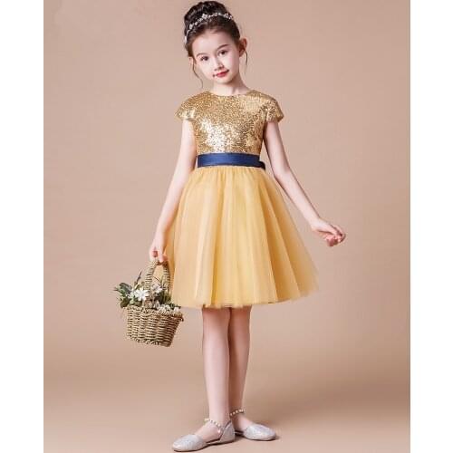 Golden Tulle Sequin Girl Party Dress Kids First Communion Gowns Girl Pageant Princess Gown Flower Girl Dresses for Weddings
