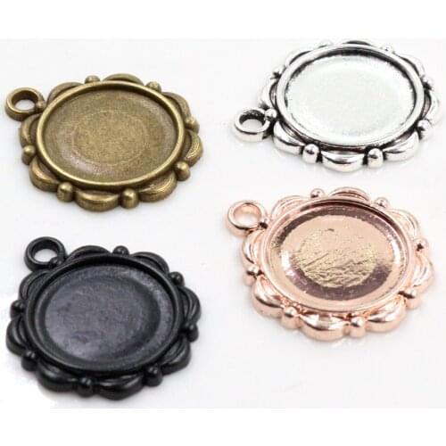 15pcs 14mm Inner Size Antique Bronze Silver Color ,Rose Gold Color Black Cabochon Base Cameo Setting Charms Pendant