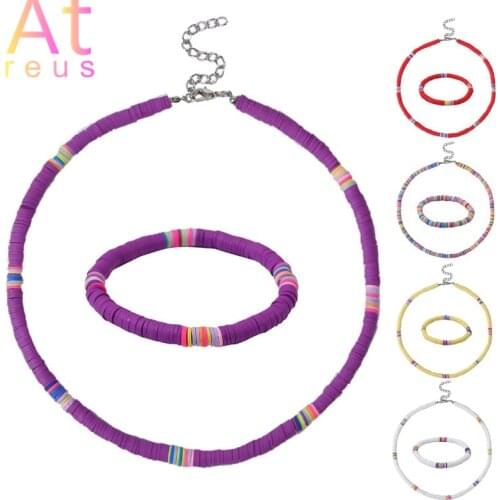 5Color Polymer Clay Jewelry Set Soft Pottery Round Colorful Surfer Beads Bracelet Necklace Set Handmade Gift Women Girl Jewelry