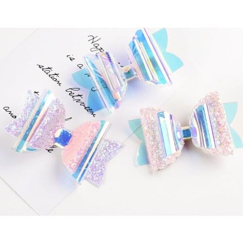 50pcs/lot , 9cm Sequins PVC transparent geometric bow with hairpin quicksand sequins double fork clip bangs clip