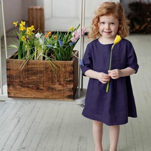 55% Linen 45% Cotton Girls Dress Casual Solid O-Neck Ruched Summer Dress TZ19