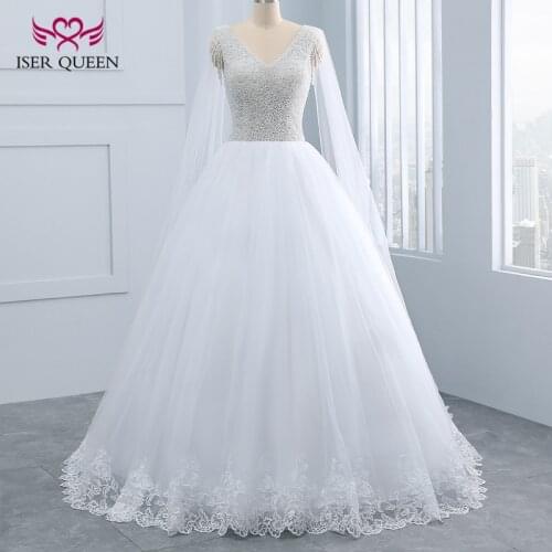 Ball Gown Lace Up V neck Heavy Beautiful Pearls Beading Princess Wedding Dress New White Vintage Wedding Dresses WX0098