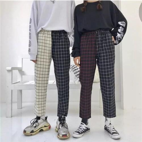 Harajuku Woman Man Trousers 2020 Fashion Vintage Plaid Patchwork Pants Elastics High Waist Elastic Pants Causal Straight Pants