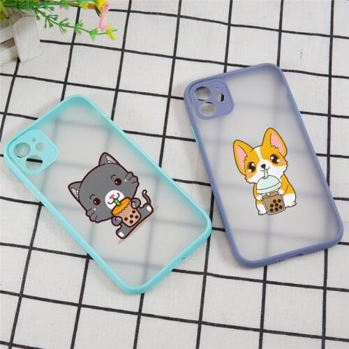 Cute Cartoon Milk Tea Panda Cat Dog Phone Case for IPhone 11 Pro X XS XR Max 7 8 6 6S Plus SE 2020 Matte Hard Shell Back Cover