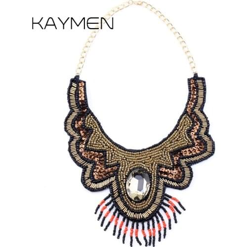 KAYMEN Womens Fashion Statement Necklace Pendant Party Wedding Jewelry Tassels Fabric Crystal Beads Necklace Collar NK-01617