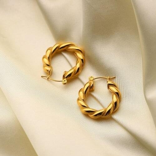 18K Gold Plated Stainless Steel Classic Jewelry Hypoallergenic Waterproof Circle Thick Twist Hoop Earrings