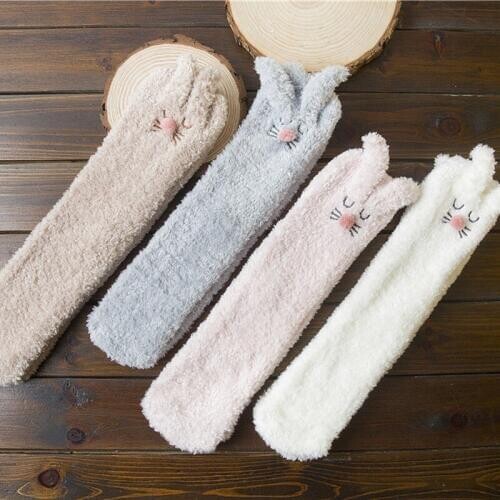 Cute 3D Long Ears Rabbit Funny Harajuku Coral Velvet Women Floor Socks Autumn Winter Keep Warm Candy Color Home Furnishing Socks