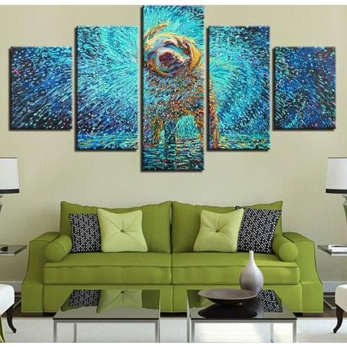 5 Pieces Wall Art Canvas Painting Wet Dog Shaking Water Abstract Poster Living Room Pictures Modern For Home Decoration