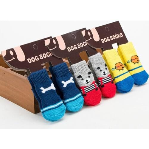4Pcs/Set Soft Pet Knits Socks Warm Puppy Dog Shoes Cute Cartoon Anti Slip Skid Socks for Small Dogs Wear Slip On Paw Protector