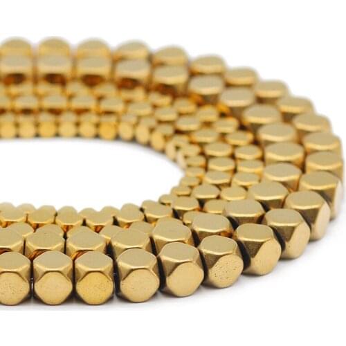 3/4/6MM Hematite Natural Stone Charm Gold Faceted Square Cube Shape Spacer Loose Beads For Jewelry Making Handmade DIY Bracelets