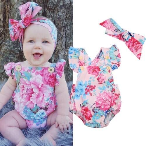 Newborn Infant Baby Girls Summer Pretty Cute Bodysuits 2PCS Short Petal Sleeve Flowers Print Backless Jumpsuits+Headband