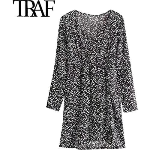 TRAF Women Chic Fashion Leopard Print Pleated Mini Dress Vintage V Neck Long Sleeve Female Dresses Vestidos Mujer