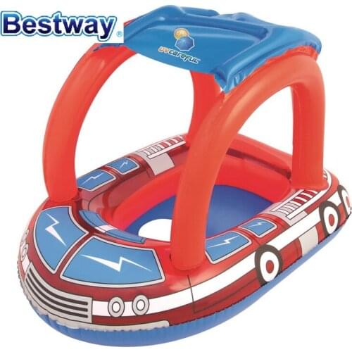 Genuine 34093 Bestway Inflatable Float Swim Ring Fire-Truck-Shape Baby Seat UV Bigger Than 50
