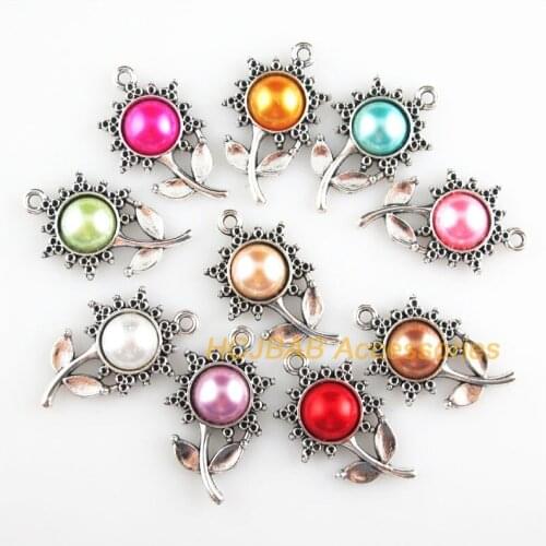 10 New Flower Charms Mixed Acrylic Plant Pendants Tibetan Silver Tone 16.5x28.5mm